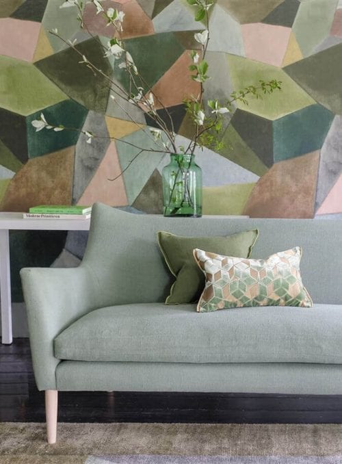 Multicoloured wall with flowers in a pot and couch