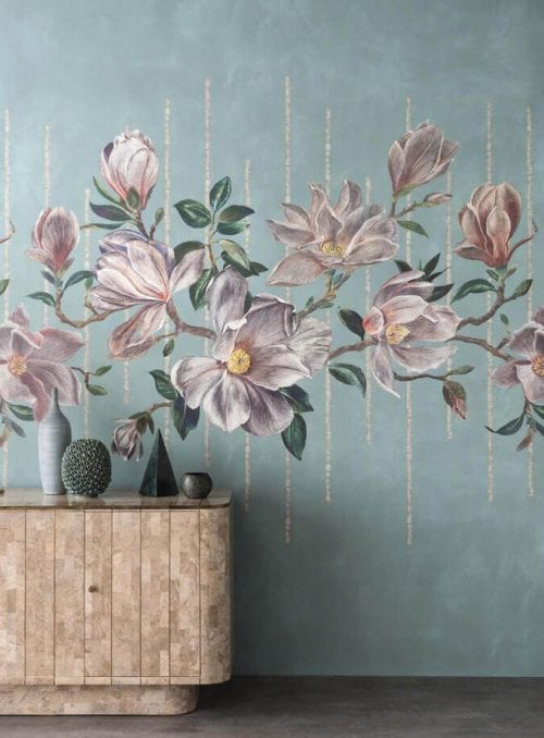 Flowers painted on the wall with ornaments on the wooden table
